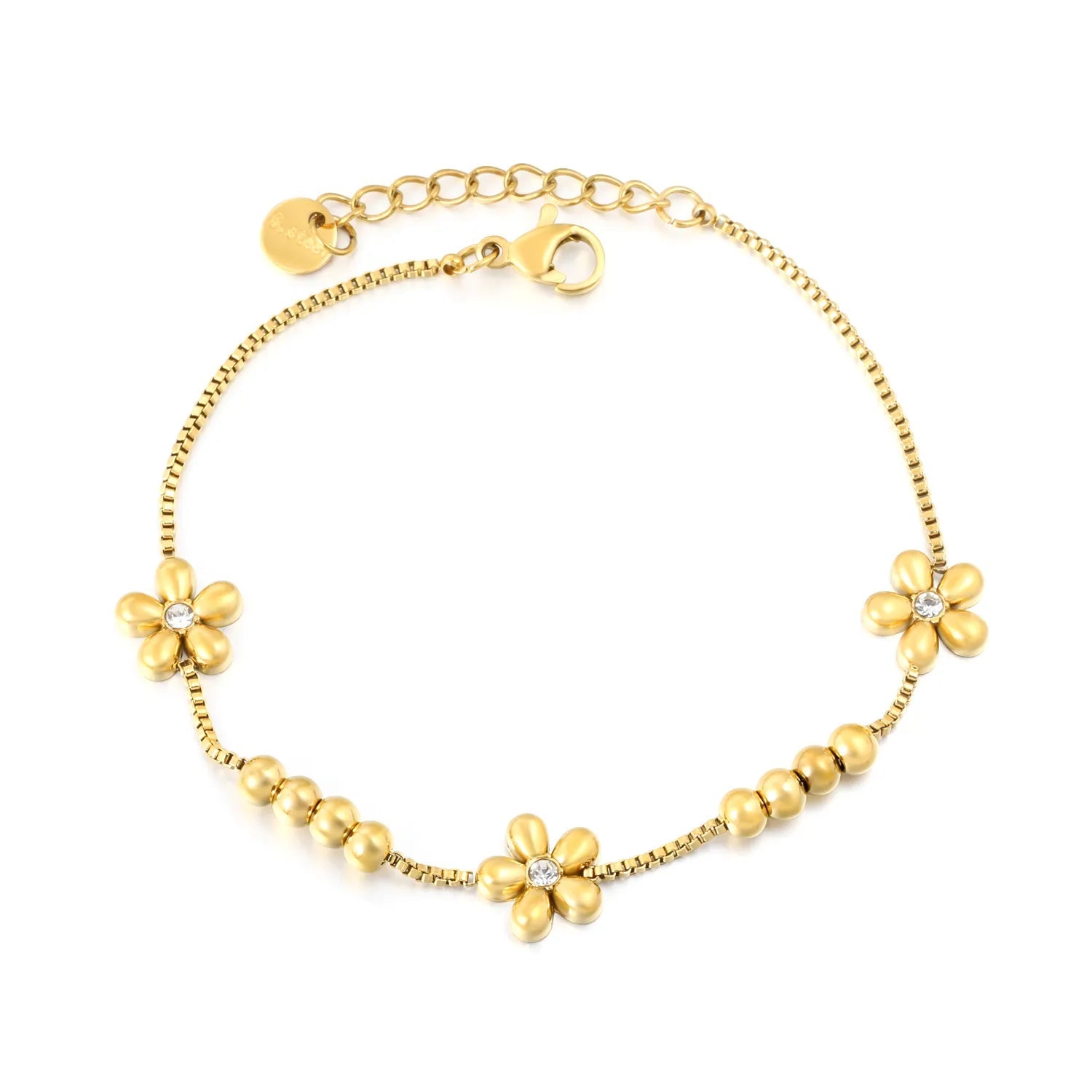 Steel Color & Gold Five-Petal Flower Bracelet 1.2mm Round Snake Chain 17+3cm Adjustable 6mm Round End Tag 4mm Steel Beads + 9.6mm Flower Charm Women Daily Casual Party Fashion Jewelry asonjewelry